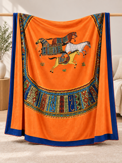 Orange Polyester Throw Blanket with Horses and Border