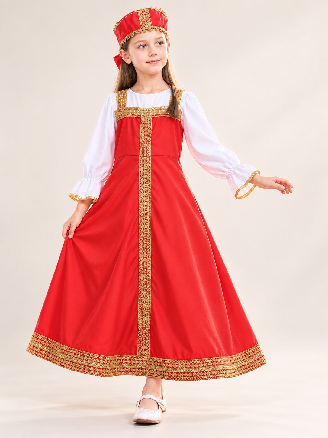Red Carnival Dress with Gold-Toned Trim size guide