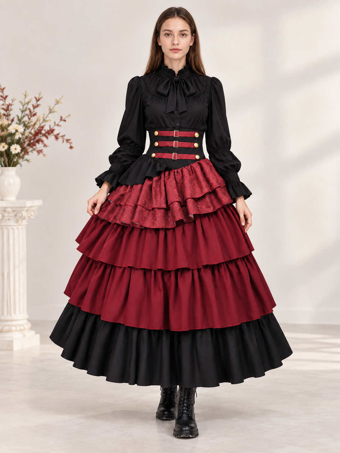 Burgundy-and-Black Tiered Skirt with Straps size guide