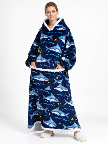 Flannel hooded blanket hoodie with a shark print size guide