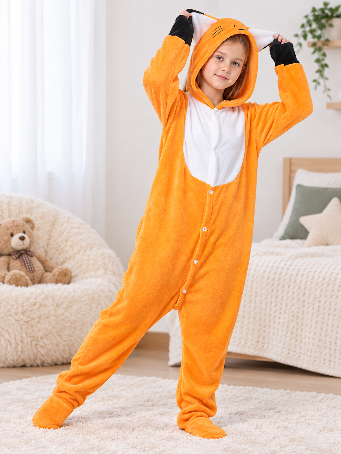 Orange Hooded Pajama Jumpsuit with Ears
