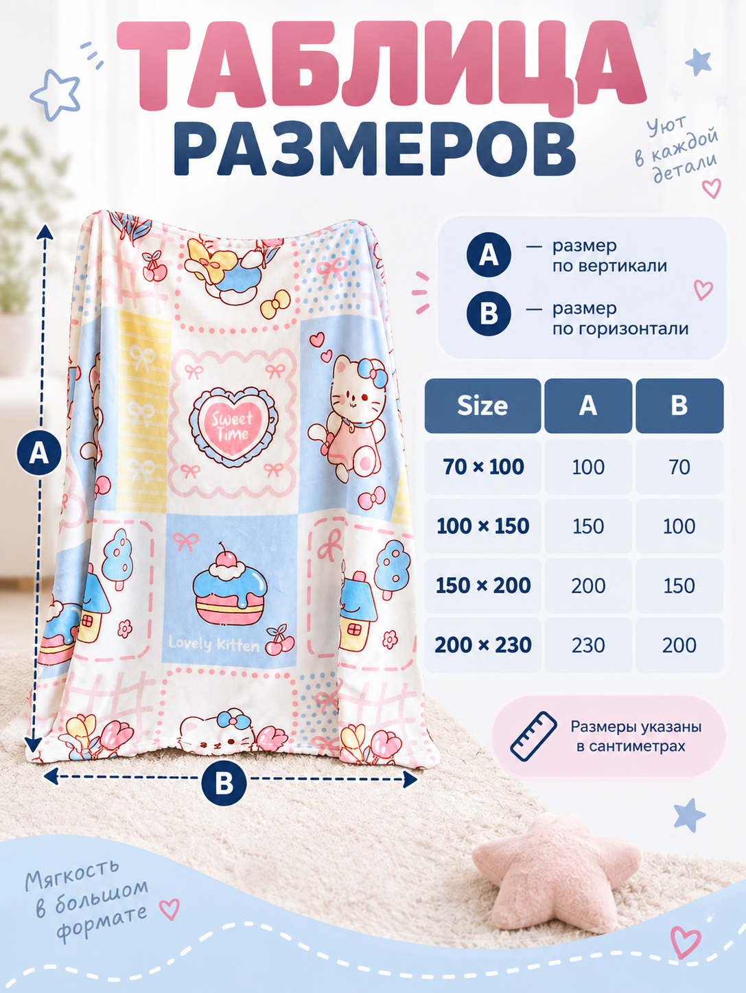 Blanket with Pastel Print and Cartoon Kitten