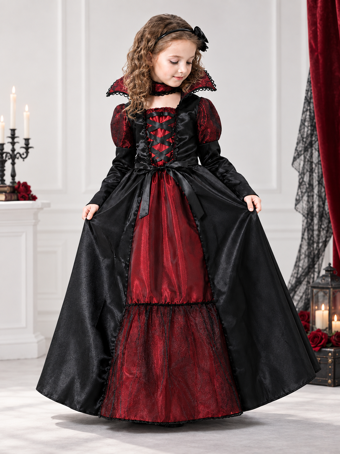 Kids' carnival costume with a puffy skirt, black and burgundy