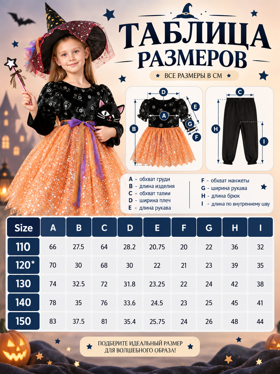 Children’s Witch Costume with Dress and Hat size guide