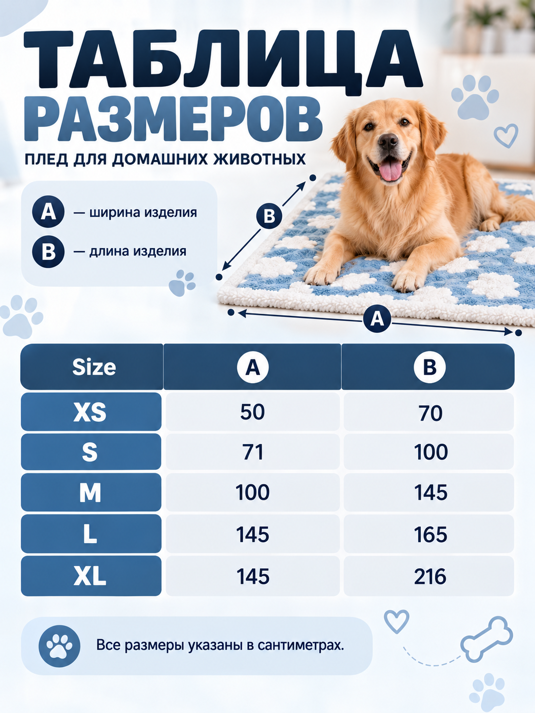 Blue Pet Blanket with White Clouds size guide