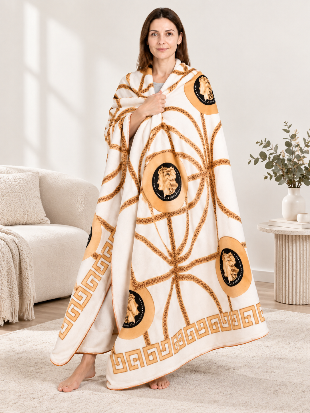 White Throw Blanket with a Gold-Toned Geometric Pattern