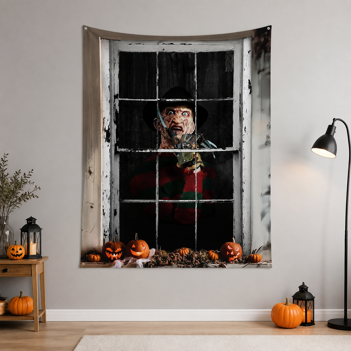 1pc Halloween Wall Decor Backdrop, Scary Character with Metal Claws and Pumpkin on-model view