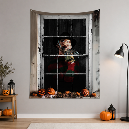 1pc Halloween Wall Decor Backdrop, Scary Character with Metal Claws and Pumpkin on-model view