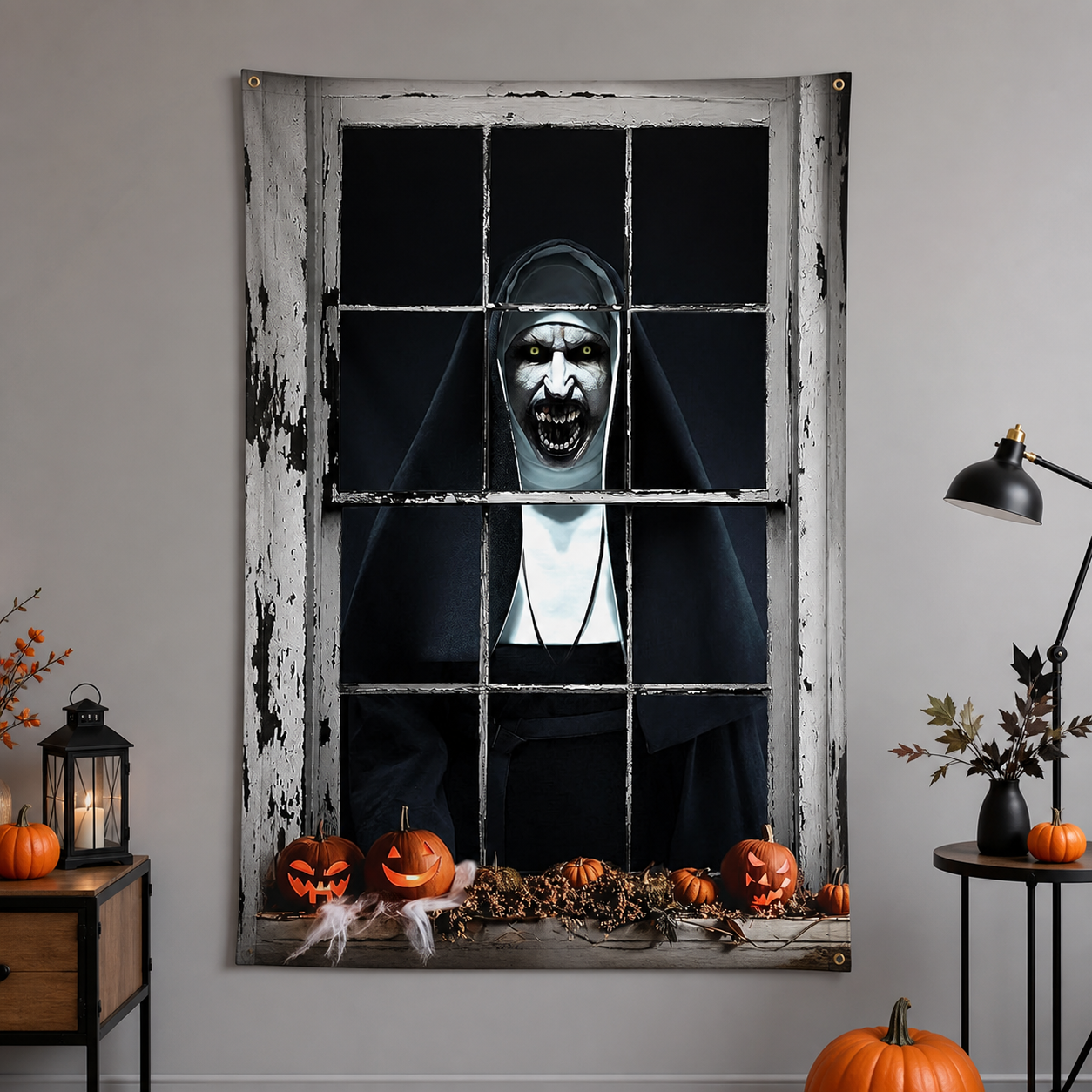 1pc Horror Nun Pattern Wall Cloth, Creepy Window Scene Backdrop Banner, Black