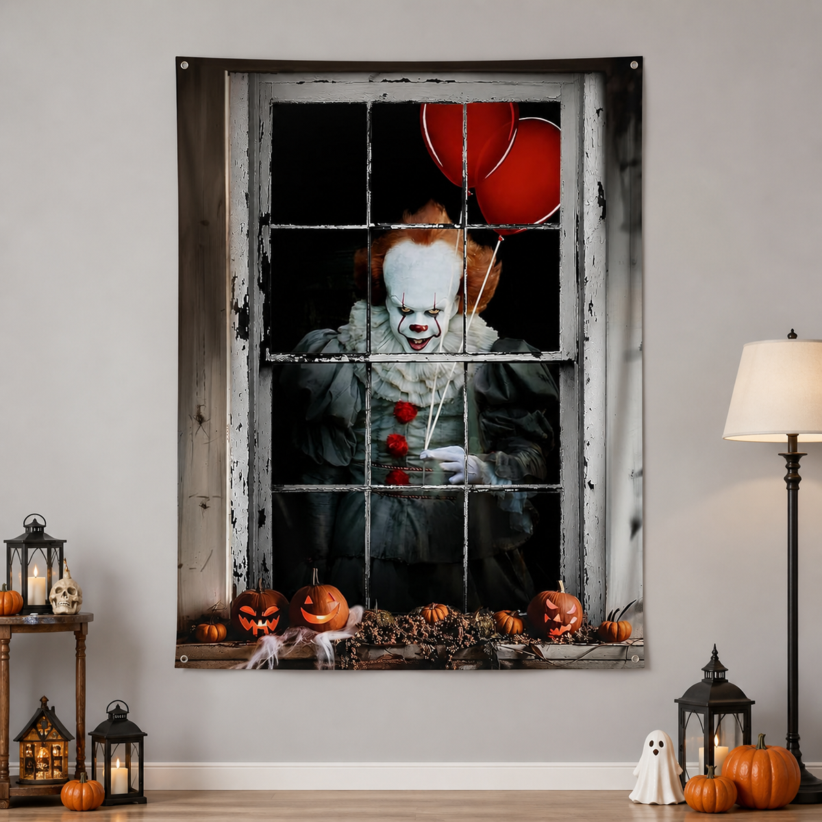 1pc Halloween Clown Backdrop, Vintage Window Frame with Red Balloons on-model view