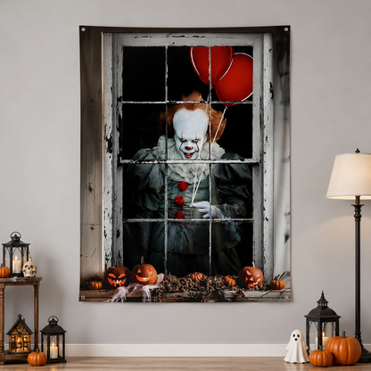 1pc Halloween Clown Backdrop, Vintage Window Frame with Red Balloons on-model view