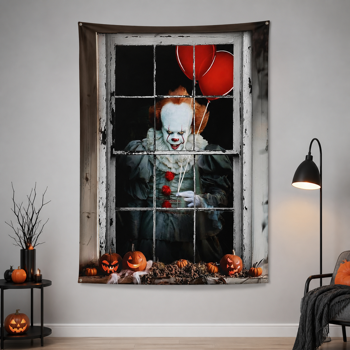 1pc Halloween Clown Backdrop, Vintage Window Frame with Red Balloons product view 6