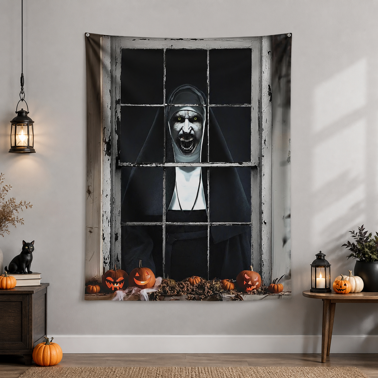 1pc Horror Nun Pattern Wall Cloth, Creepy Window Scene Backdrop Banner, Black on-model view