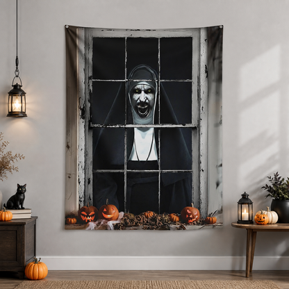 1pc Horror Nun Pattern Wall Cloth, Creepy Window Scene Backdrop Banner, Black on-model view