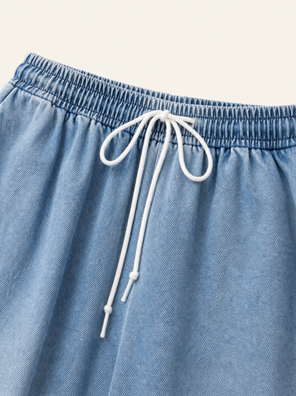 Light Blue Wide-Leg Pants with Drawstring and Pockets