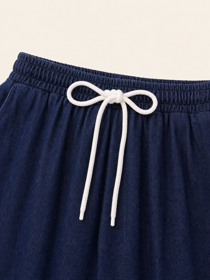 Wide-leg dark navy pants with drawstring