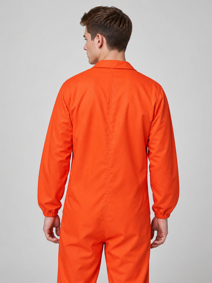 Orange coverall with a smooth fabric look, collar, long sleeves, and gathered cuffs, shown from the back in a close full-body view