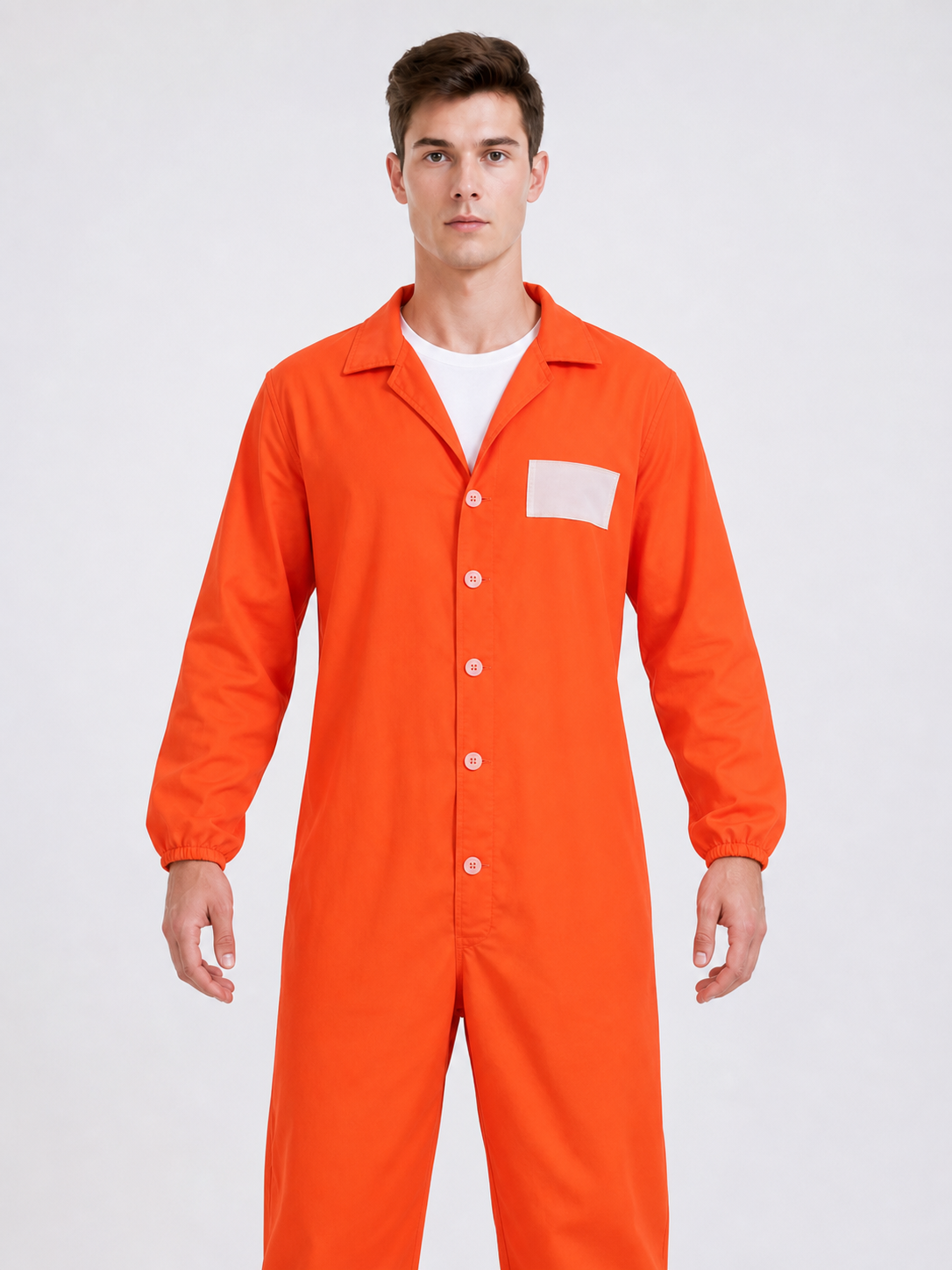 Orange coverall with a smooth fabric look, collar, long sleeves, and gathered cuffs, shown from the back on a barefoot model