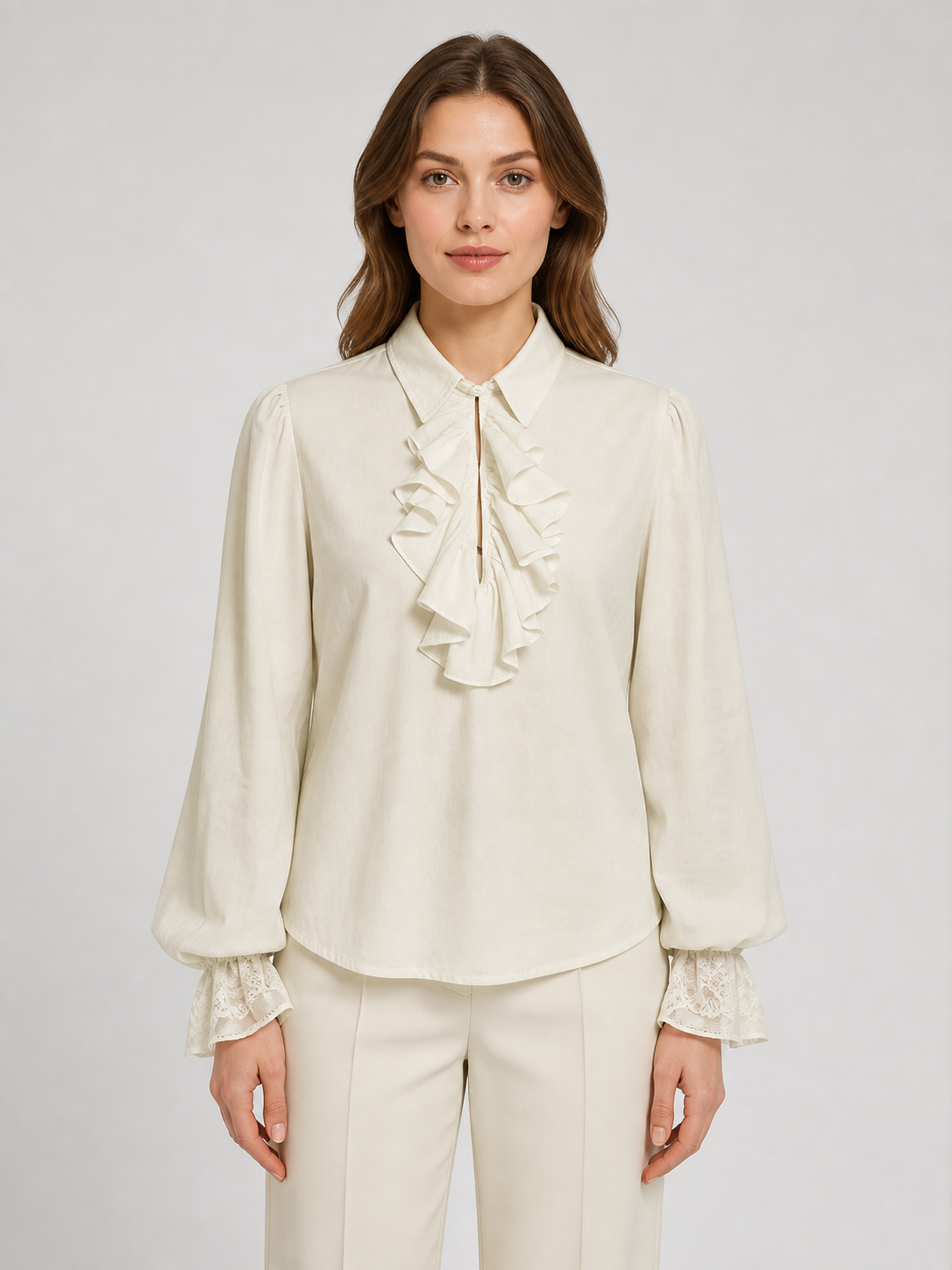 Cream Ruffled Blouse with Lace Cuffs