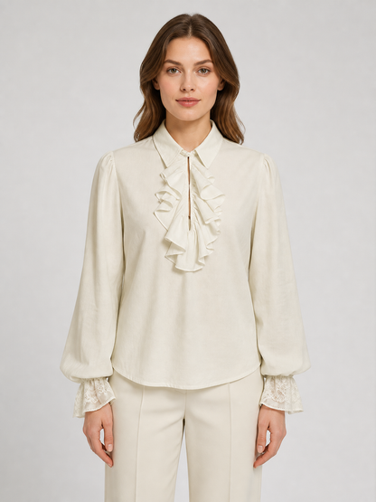 Cream Ruffled Blouse with Lace Cuffs