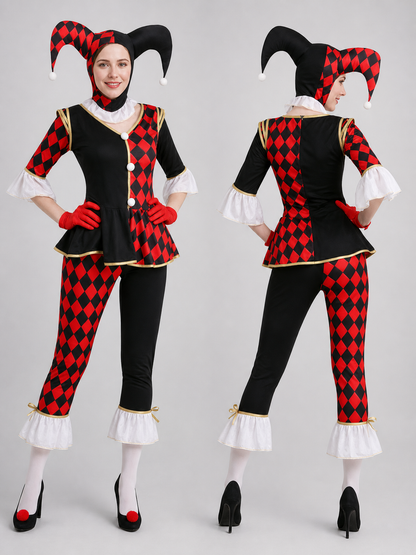 Halloween Harlequin Clown Costume with Hat