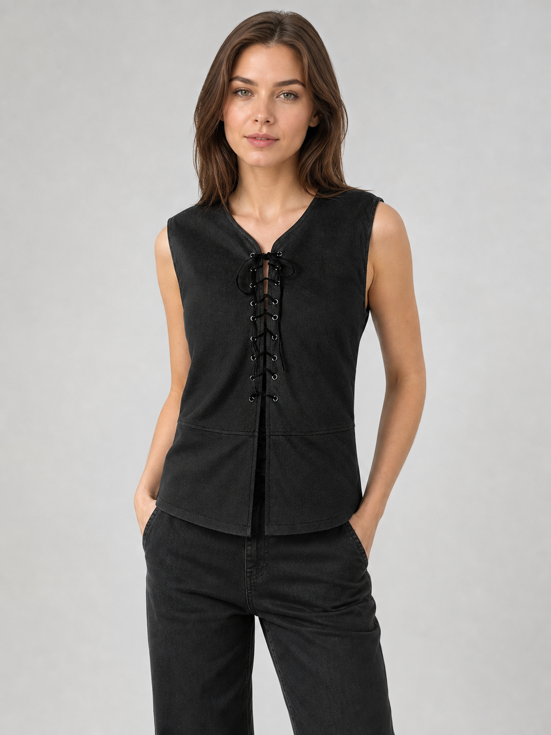 Black Long Lace-Up Vest with V-Neck
