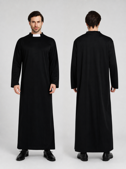 Halloween priest costume, black robe with collar