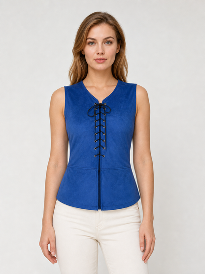 Lace-Up Corset Vest, Dark Blue, with a V-Neck