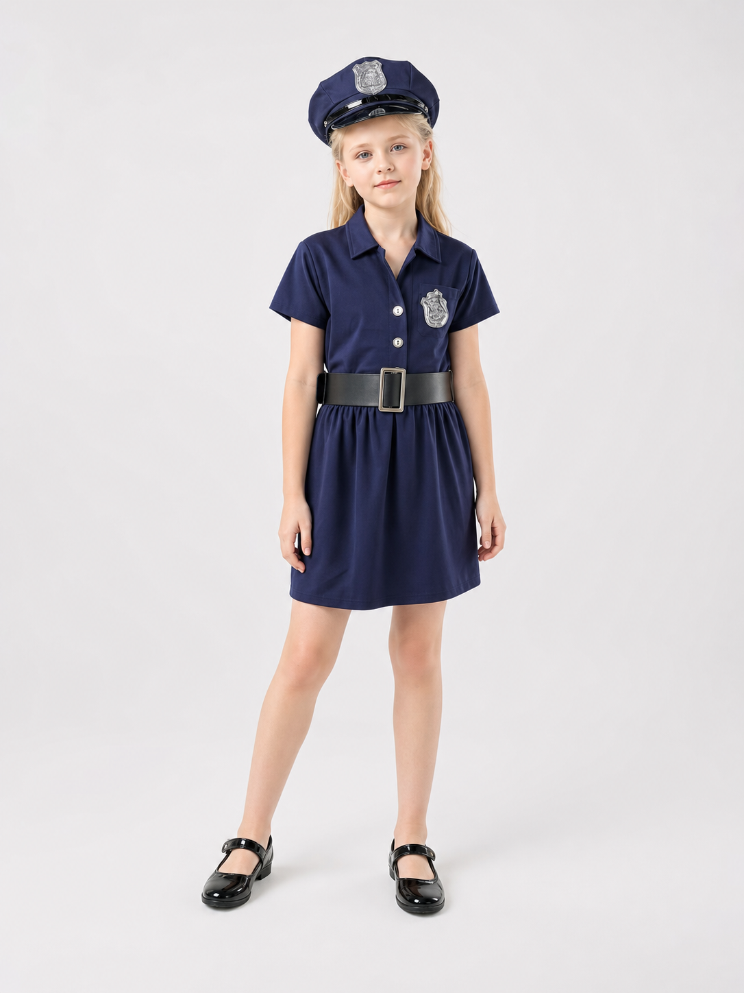 Children’s police costume dress, cap, belt