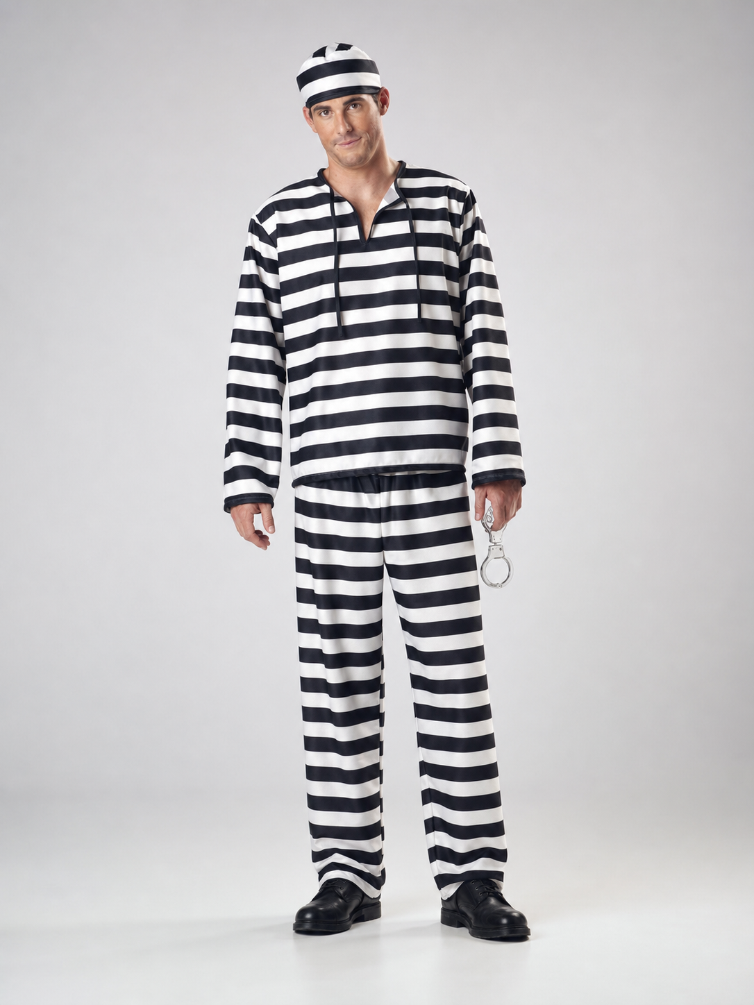 Striped prisoner costume with cap and handcuffs