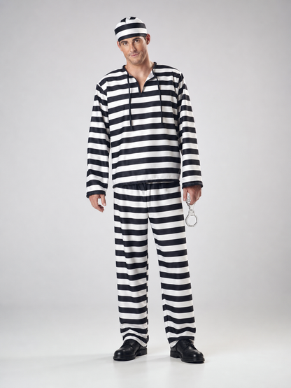 Striped prisoner costume with cap and handcuffs
