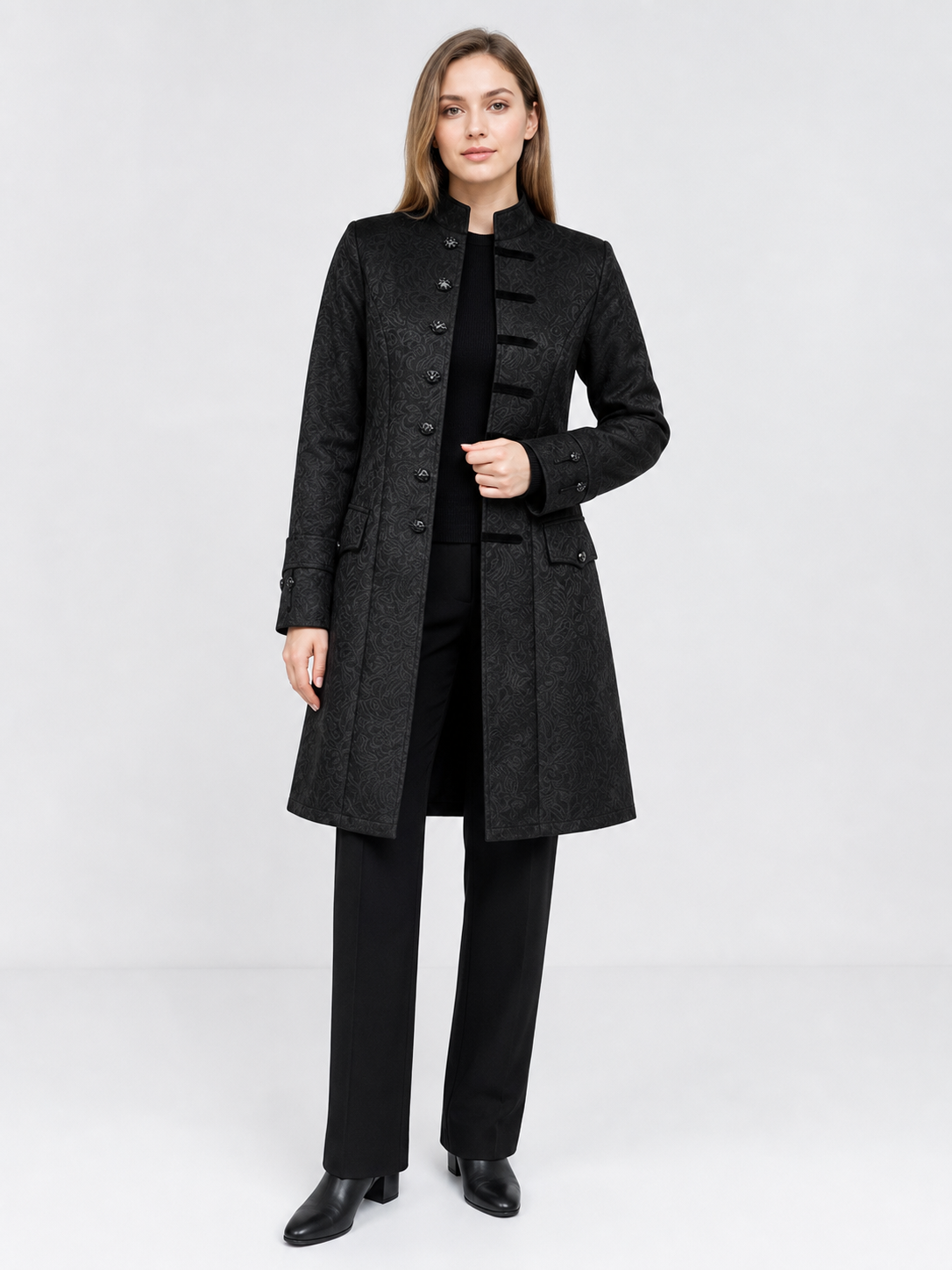 Long Black Jacquard Coat with Stand Collar