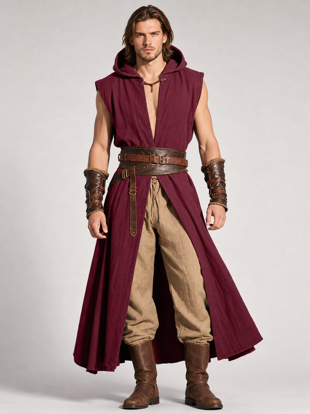 Medieval Hooded Cloak, Wine Red