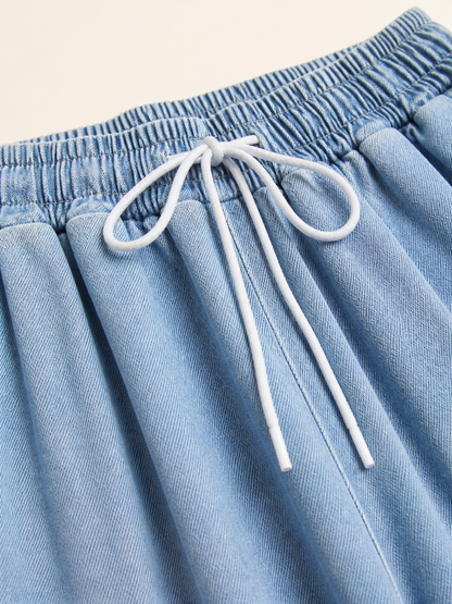 Light Blue Wide-Leg Pants with Drawstring and Pockets