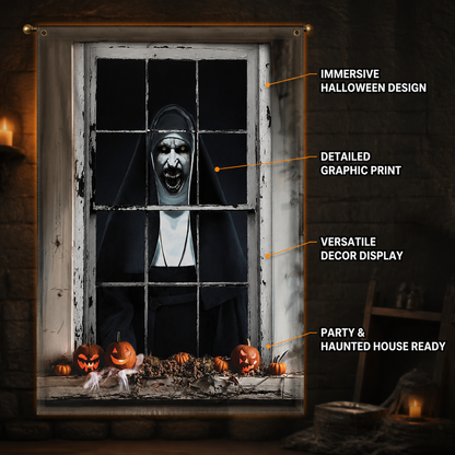 1pc Horror Nun Pattern Wall Cloth, Creepy Window Scene Backdrop Banner, Black product detail 2