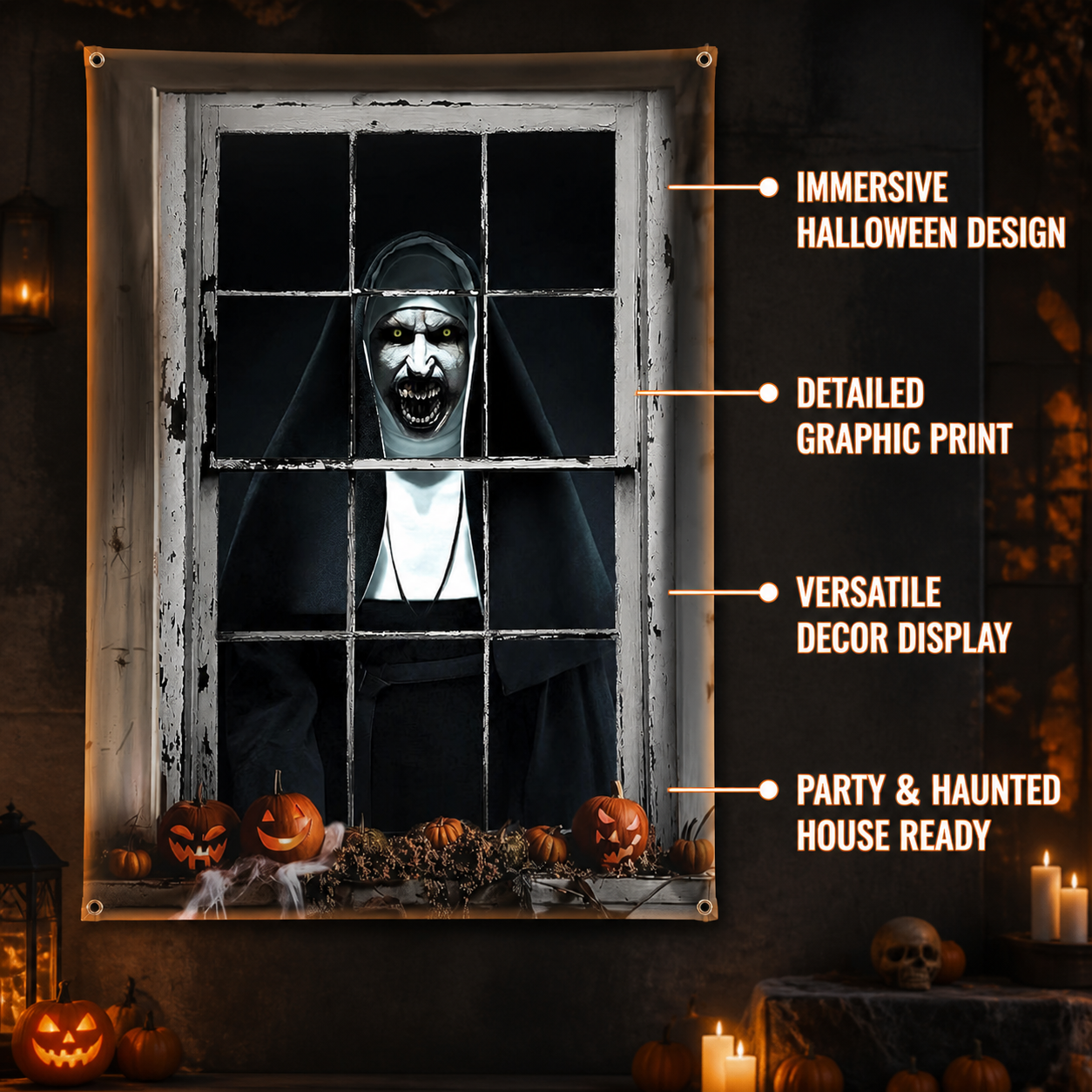 1pc Horror Nun Pattern Wall Cloth, Creepy Window Scene Backdrop Banner, Black