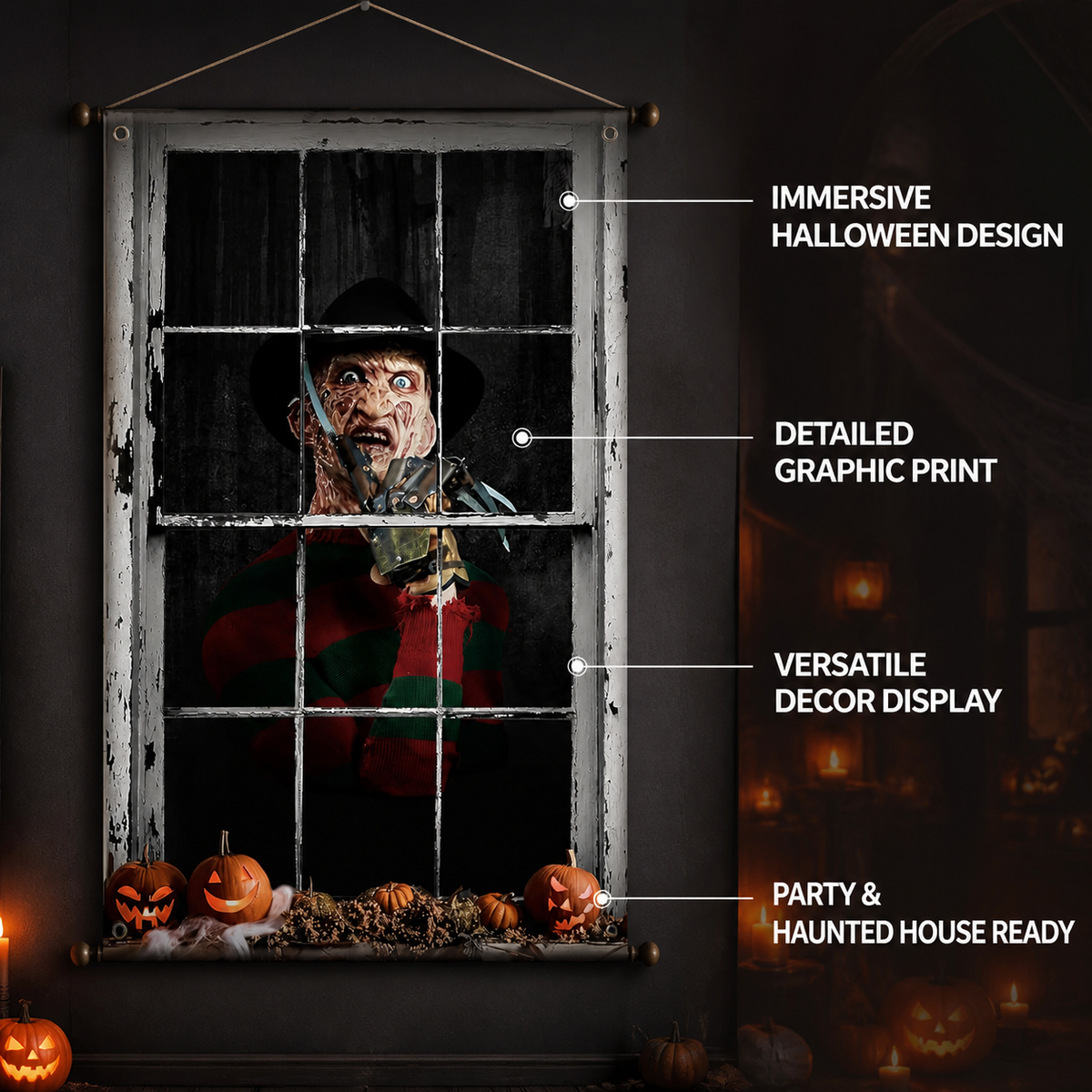 1pc Halloween Wall Decor Backdrop, Scary Character with Metal Claws and Pumpkin Holiday Decorations detail 2
