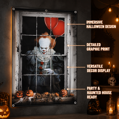1pc Halloween Clown Backdrop, Vintage Window Frame with Red Balloons product view 10