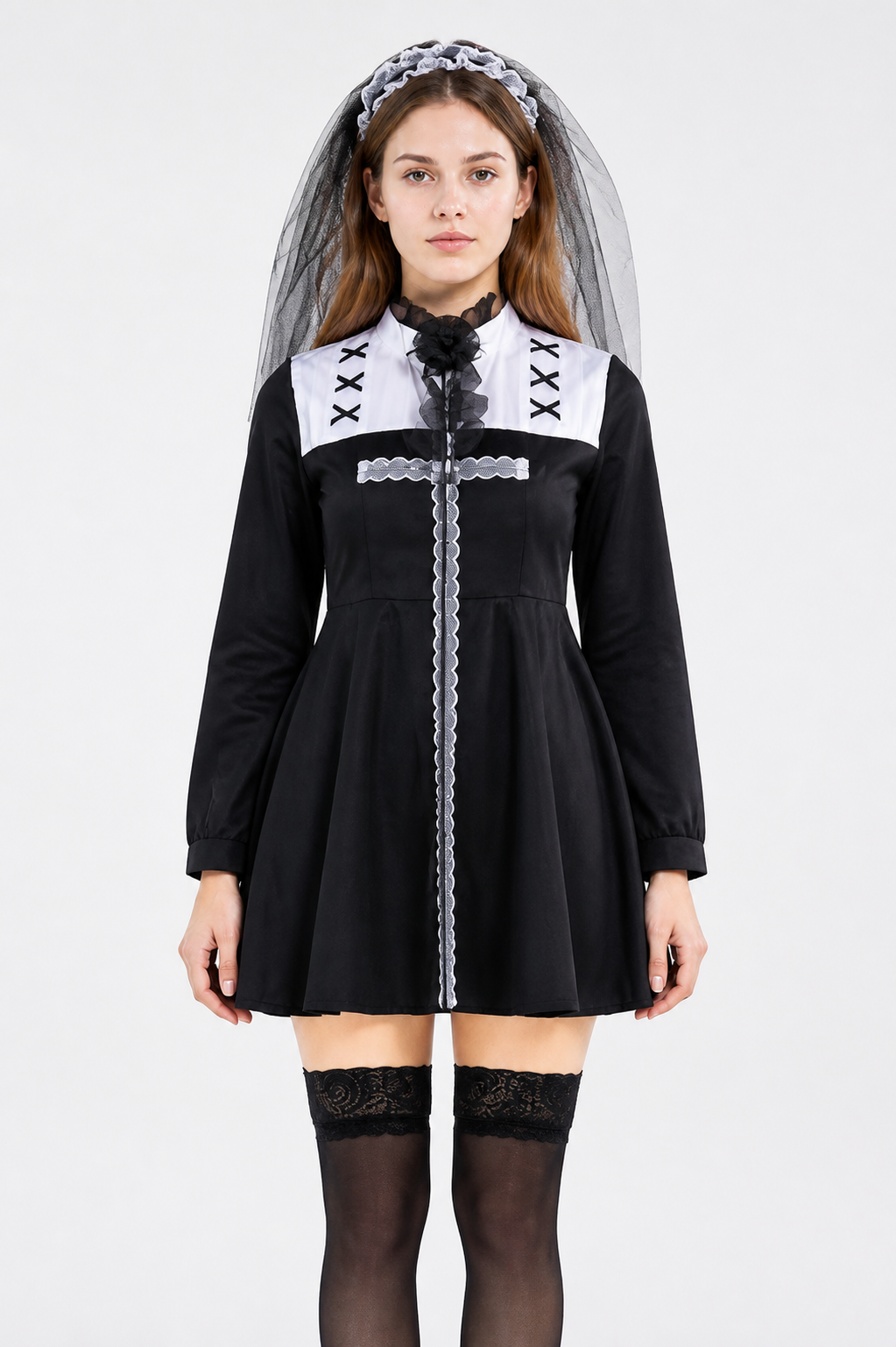 Black and White Stage Costume with Veil for Halloween