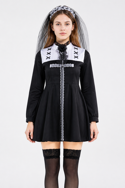 Black and White Stage Costume with Veil for Halloween