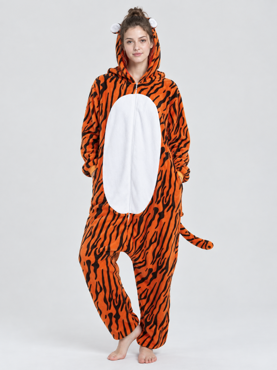 Fleece Pajama Jumpsuit with Tiger Print and Hood