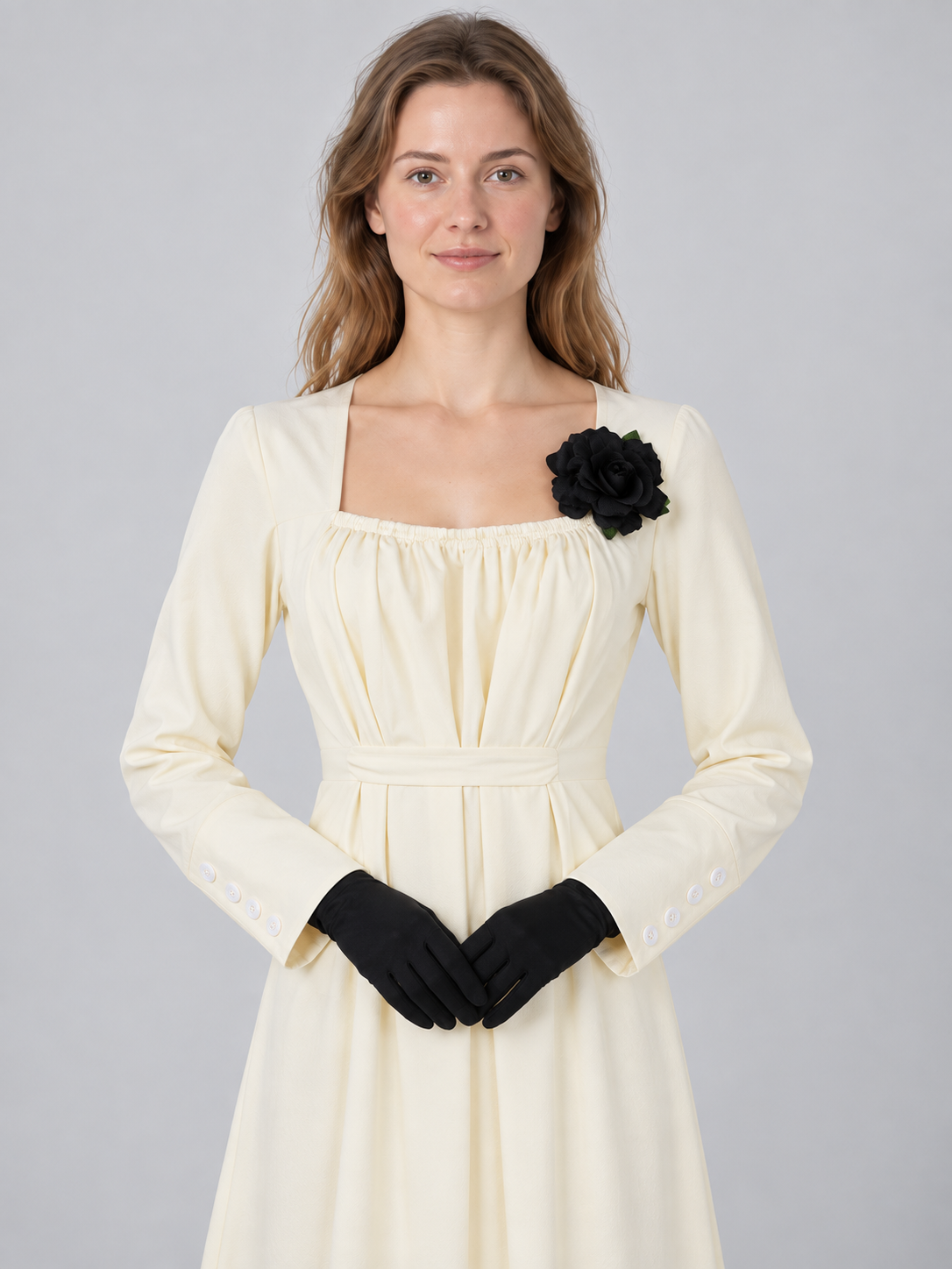 Carnival costume: dress, black gloves, rose brooch