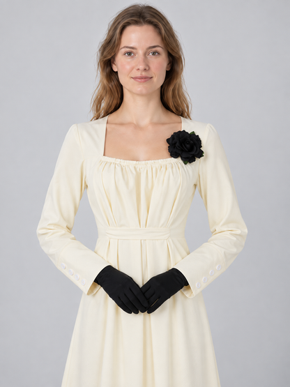 Carnival costume: dress, black gloves, rose brooch