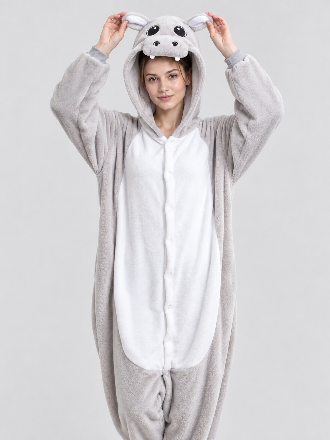 Hooded Pajama Jumpsuit with Animal Face, Light Gray