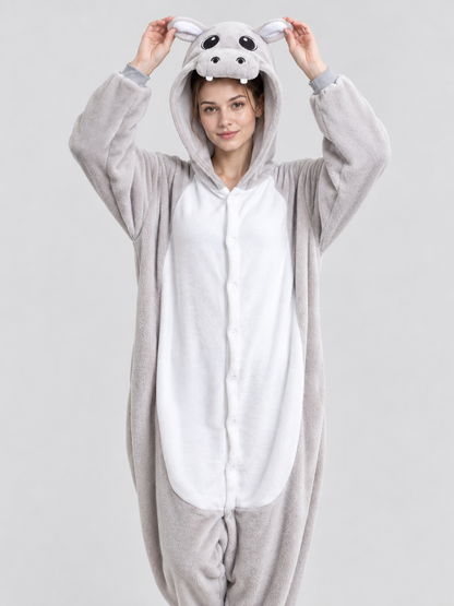 Hooded Pajama Jumpsuit with Animal Face, Light Gray