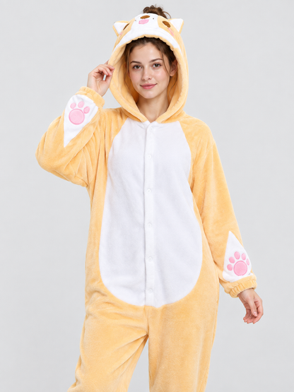 Light Yellow Hooded Pajama Jumpsuit with Ears