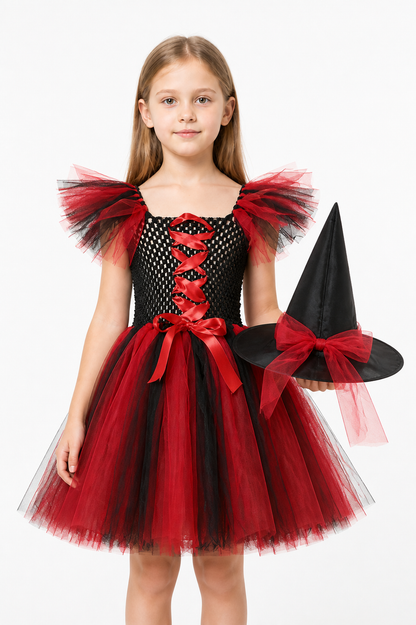 Red and Black Witch Costume with Hat and Full Skirt Costume Headwear detail 3