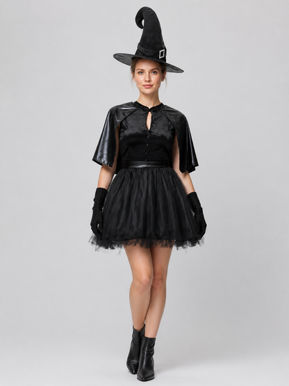 Black Witch Costume with Hat and Gloves for Halloween Costume Headwear detail 3