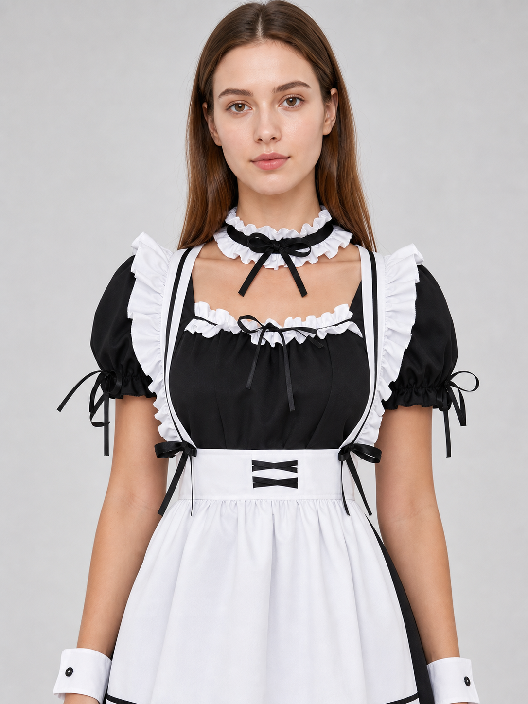 Black-and-White Cosplay Uniform with Apron and Ruffles Costumes detail 2
