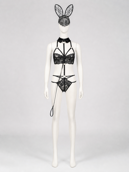 Lace Bunny Costume with Ears and Decorative Straps